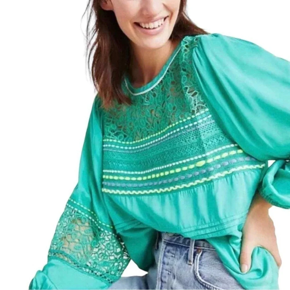 Anthro Blank London Boho Lace Yoke Peasant Blouse Emerald Green Embroidery